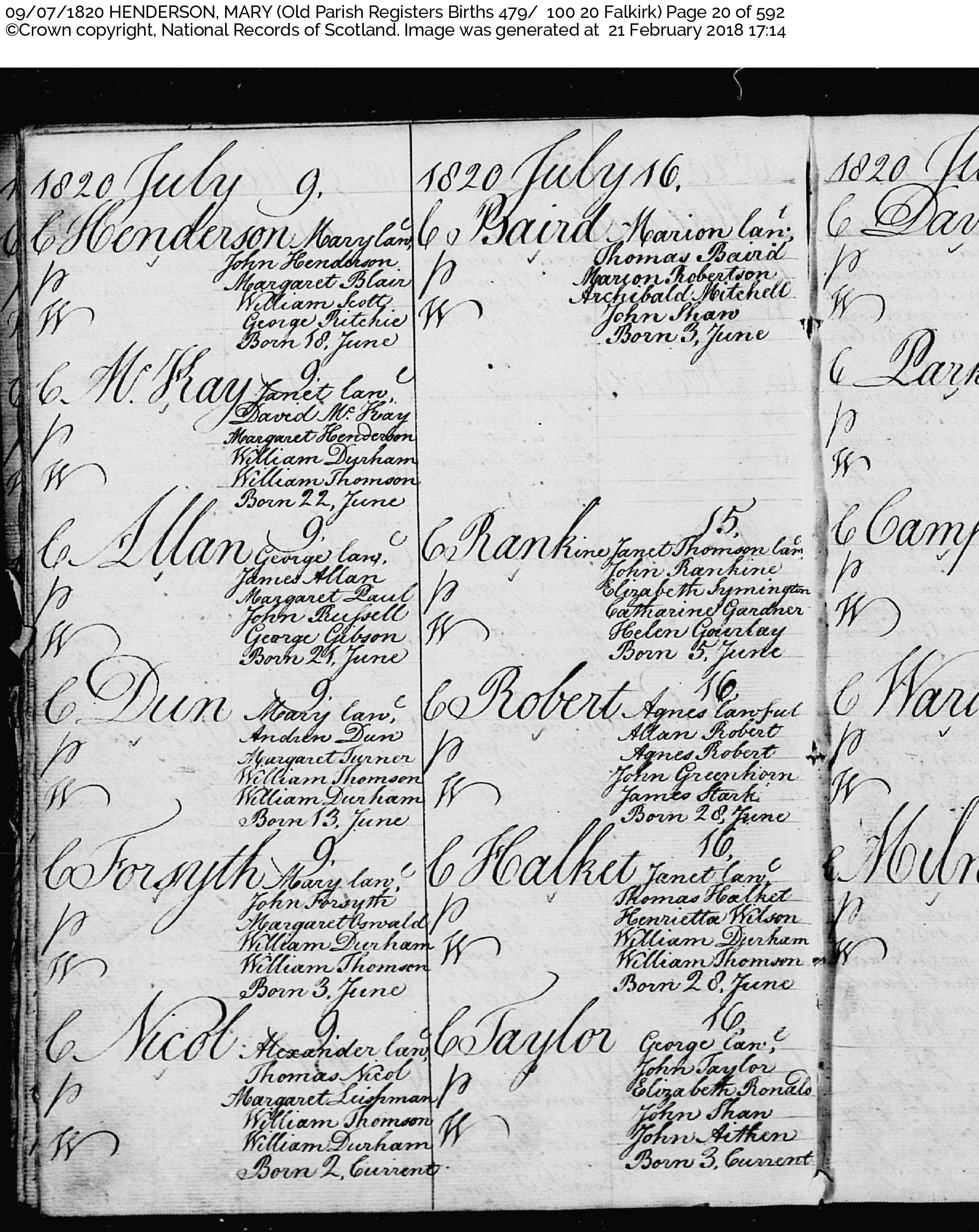 MaryHenderson_B1820 Falkirk, July 9, 1820, Linked To: <a href='i883.html' >Mary Ann Henderson</a>